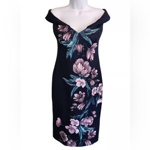 Xscape Pink and Green Off-the-Shoulder Sheath Midi Dress